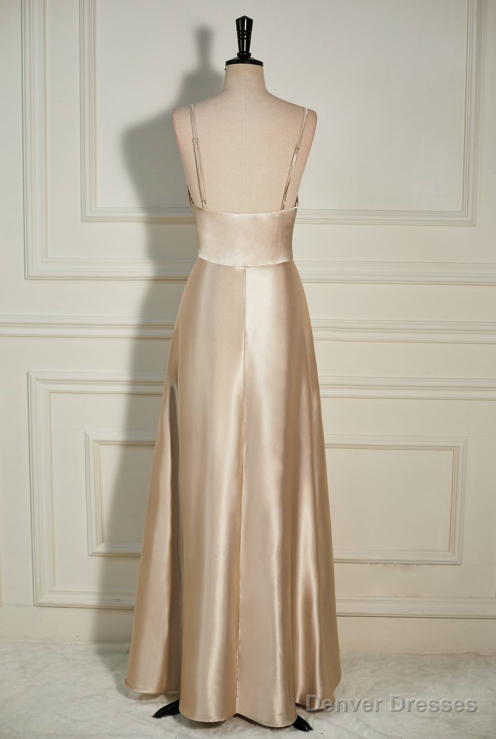 Champagne Cowl Neck Straps A-line Satin Long Dress with Slit Main image