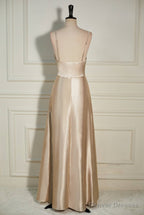 Champagne Cowl Neck Straps A-line Satin Long Dress with Slit