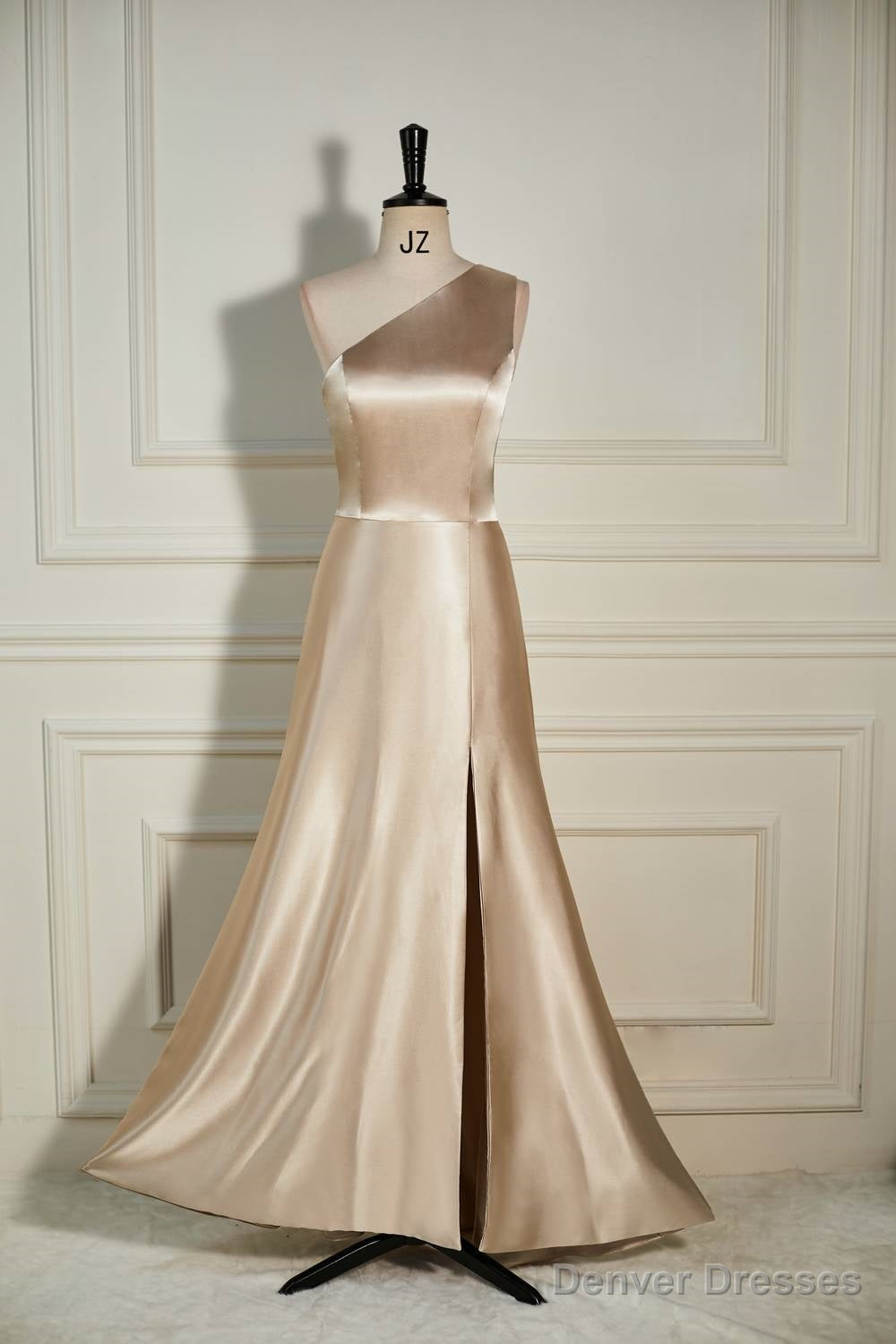 Champagne One Shoulder A-line Satin Long Dress with Slit Main image