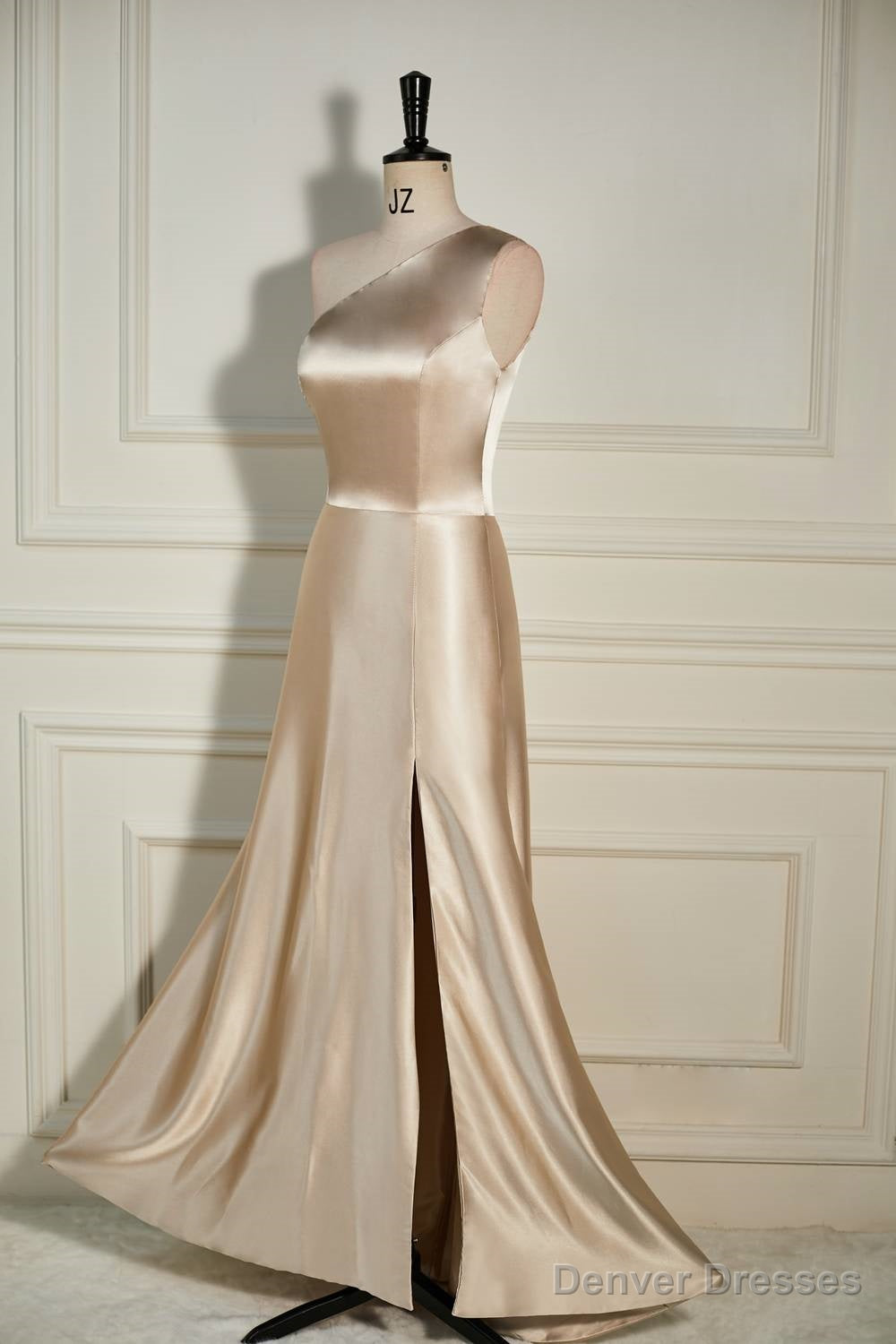 Champagne One Shoulder A-line Satin Long Dress with Slit Secondary image