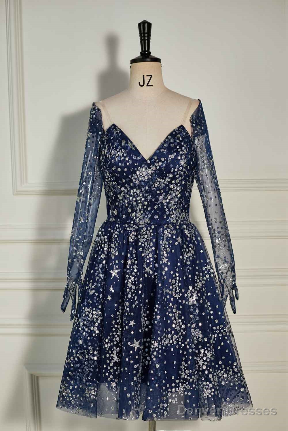 Dark Navy Sequined Long Sleeves A-line Homecoming Dress Main image