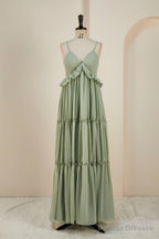 Sage Lace-Up Deep V Neck Ruffled Empire Long Prom Dress
