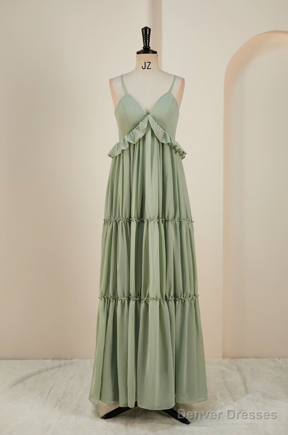 Sage Lace-Up Deep V Neck Ruffled Empire Long Prom Dress