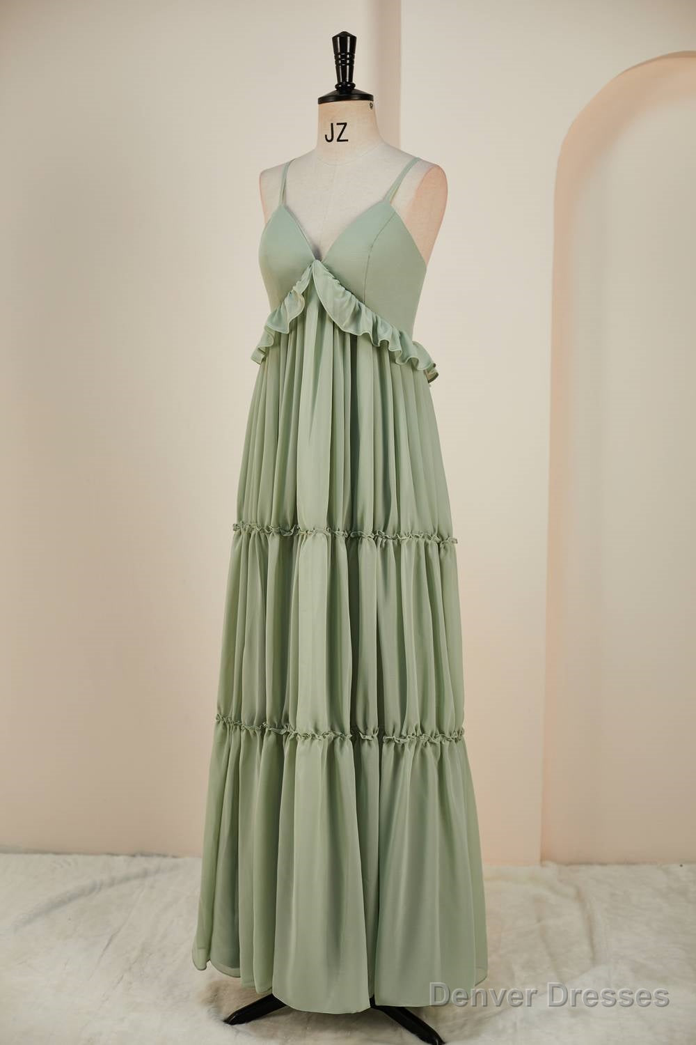 Sage Lace-Up Deep V Neck Ruffled Empire Long Prom Dress