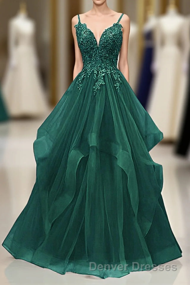A-Line Tulle With Lace Applique Straps Long Party Dress, Green Tulle Prom Dress Main image