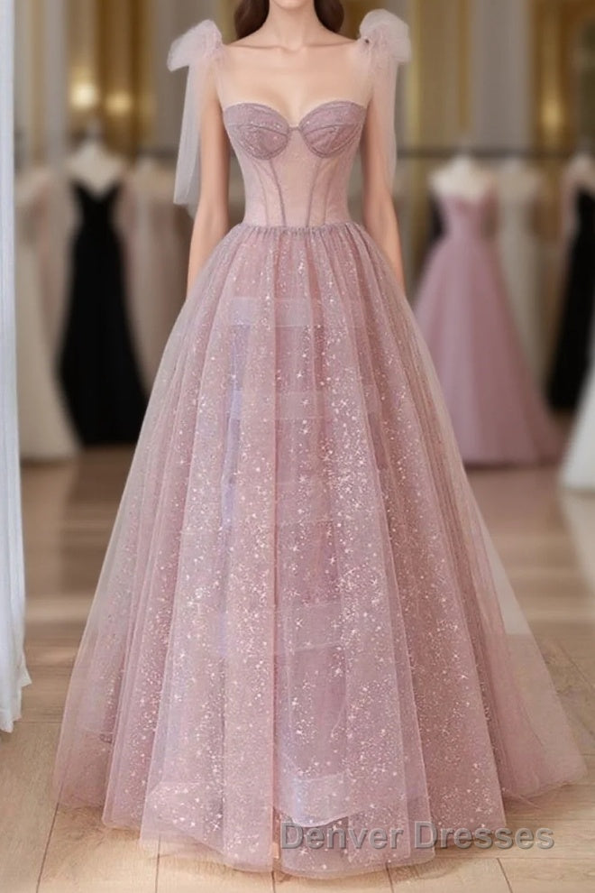 Lovely Shiny Tulle Pink Round Long Formal Dress, Pink Tulle Prom Dress
