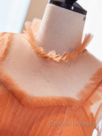 Unique High Neck Tulle Long Prom Dress, Orange Formal Evening Dress