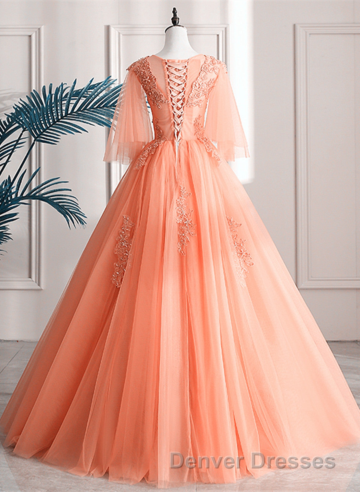 Lovey Tulle V-Neckline Long Party Dress With Lace, A-Line Tulle Sweet 16 Dress