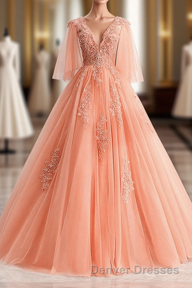 Lovey Tulle V-Neckline Long Party Dress With Lace, A-Line Tulle Sweet 16 Dress Main image