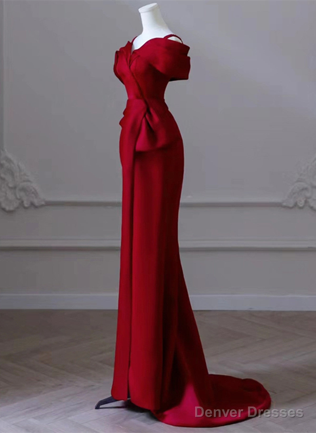 Wine Red Satin Mermaid Long Straps Long Party Dress, Wine Red Off Shoulder Prom Dress Secondary image
