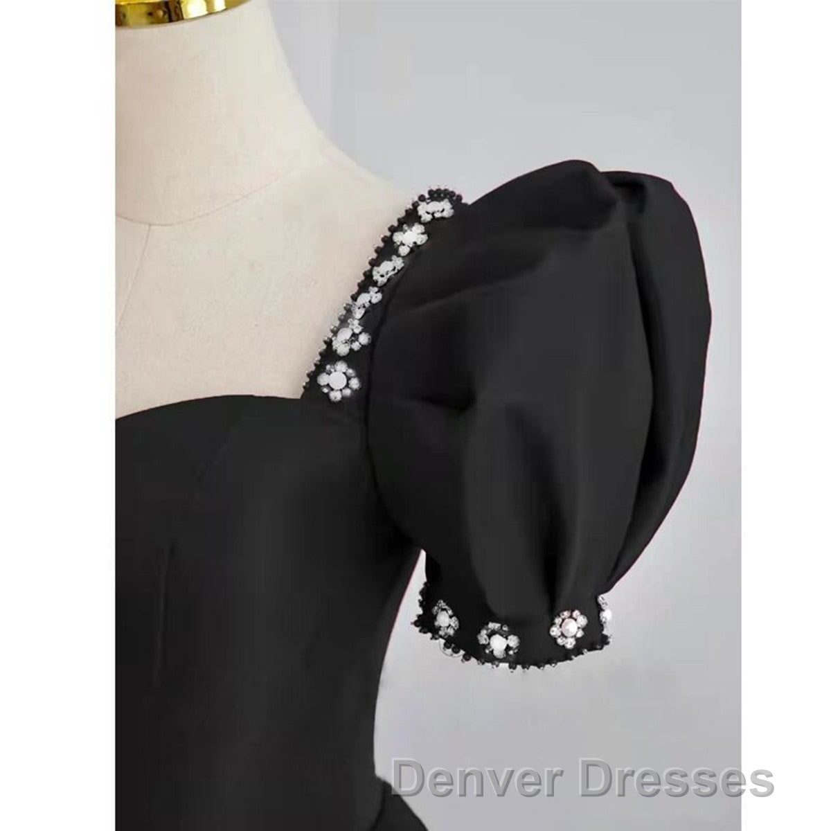 Black Sweetheart Short Sleeves Beaded Party Dress, A-Line Black Satin Prom Dress Secondary image