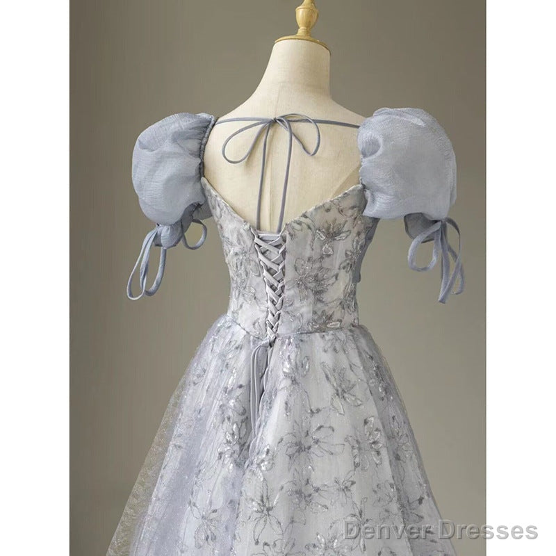 Cute Floral Printed Long Prom Dress A Line Puff Sleeves Blue Party Gown