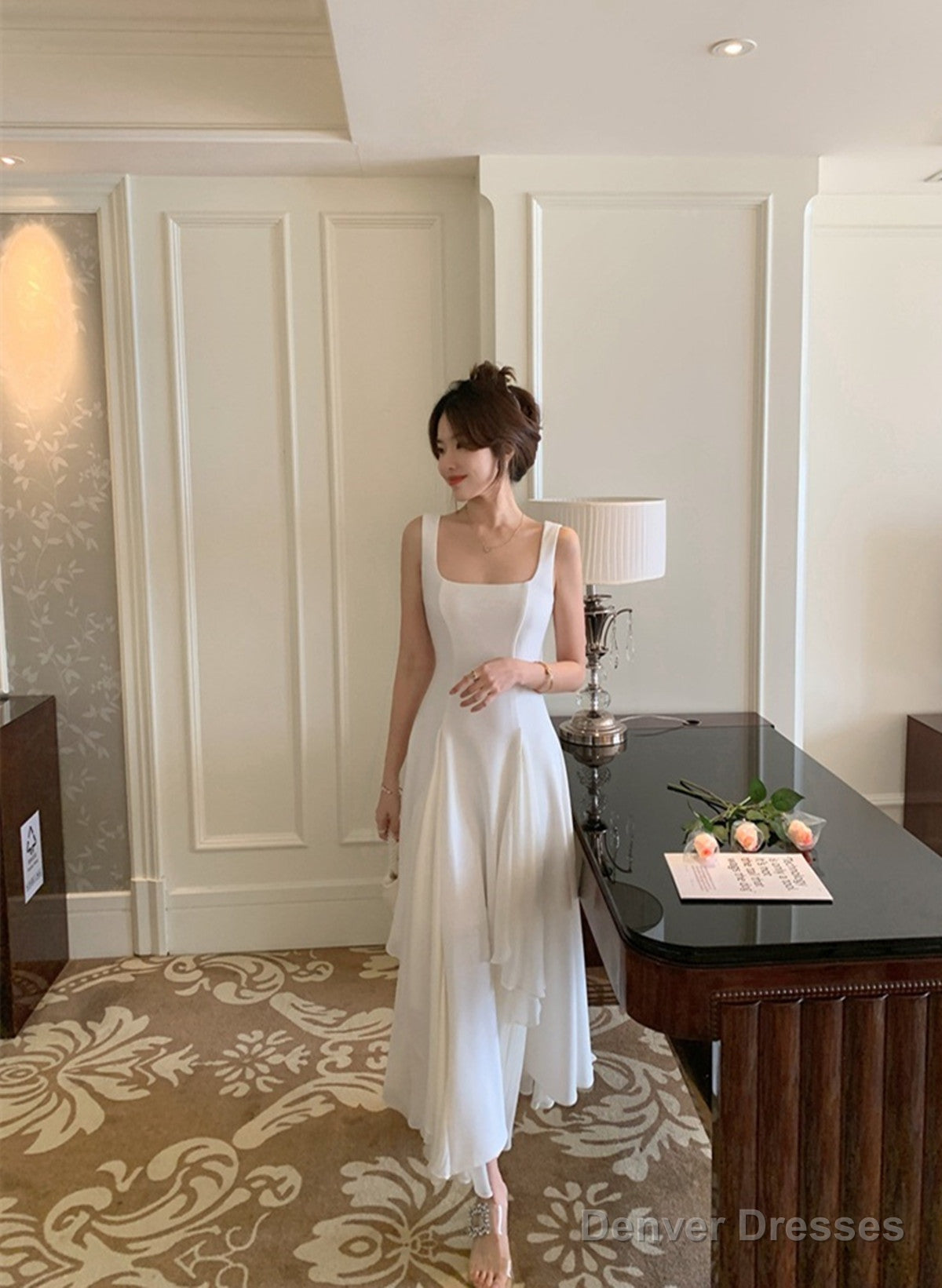 Lovely Ivory Chiffon Straps Long Party Dress Prom Dress, Ivory Wedding Party Dress Secondary image