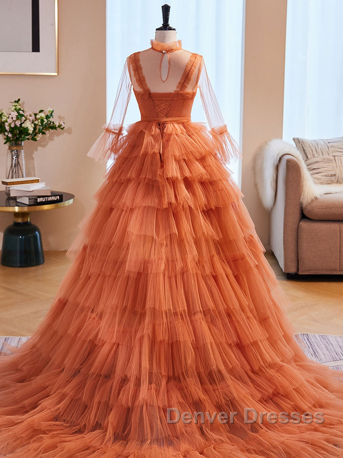 Unique High Neck Tulle Long Prom Dress, Orange Formal Evening Dress