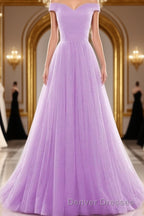 Beautiful Lavender Tulle Off Shoulder Long Formal Dress, Beautiful Party Gowns