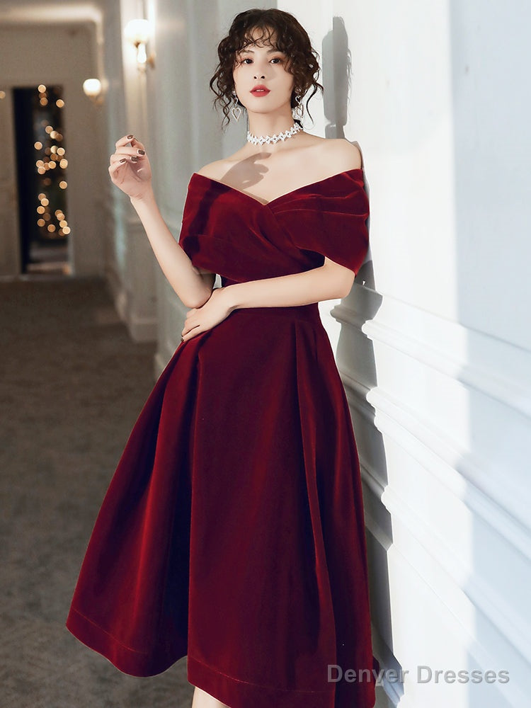 Beautiful Wine Red Velvet Tea Length Party Dress, Bridesmaid Dress Secondary image