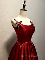 Wine Red Satin Straps Round Neckline Party Dress, Wine Red Long Prom Dress