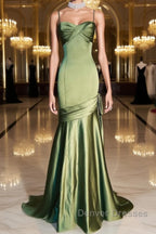 Green Chic Style Long Satin Sweetheart Party Dress, Green Formal Dress