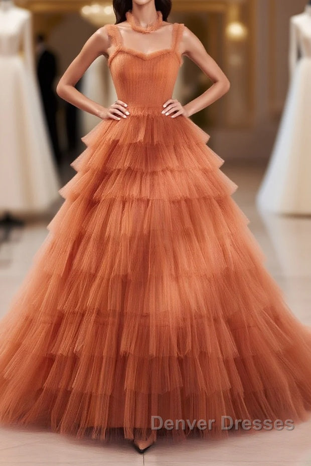 Unique High Neck Tulle Long Prom Dress, Orange Formal Evening Dress Main image