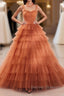 Unique High Neck Tulle Long Prom Dress, Orange Formal Evening Dress