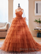 Unique High Neck Tulle Long Prom Dress, Orange Formal Evening Dress