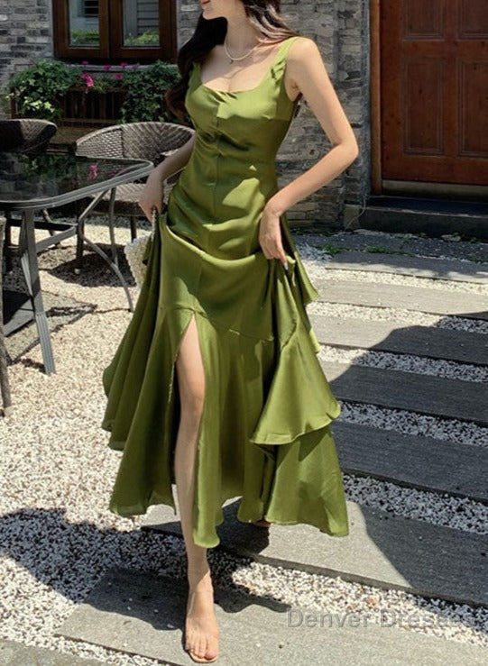 Green Backless Ruffles A-Line Long Prom Dress Main image