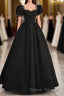 Black Sweetheart Short Sleeves Beaded Party Dress, A-Line Black Satin Prom Dress