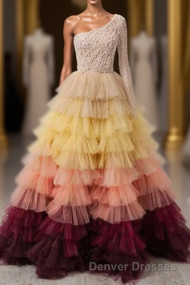 Unique Multi Color Layered One Shoulder Long Sleeves Prom Dress Formal Gown Main image