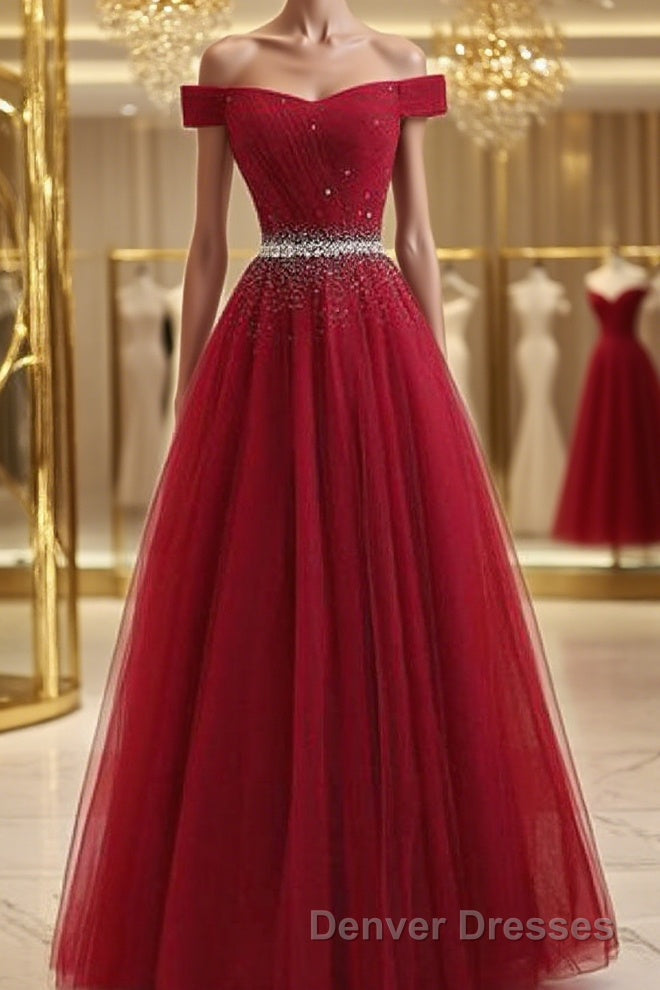 Off Shoulders Red Tulle Floor Length Prom Dress Main image