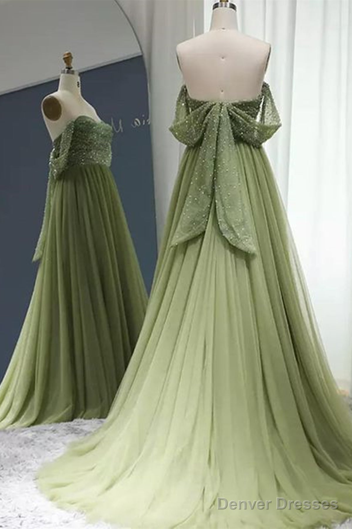 Off the Shoulder Beaded Green Tulle Long Prom Dress, Off Shoulder Green Formal Dress, Beaded Green Evening Dress