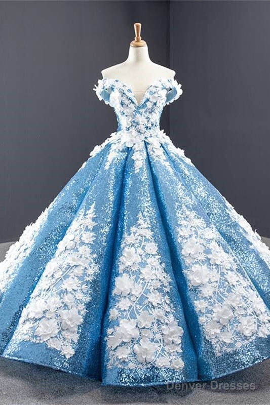 Off the Shoulder Blue and White Ball Gown Secondary image