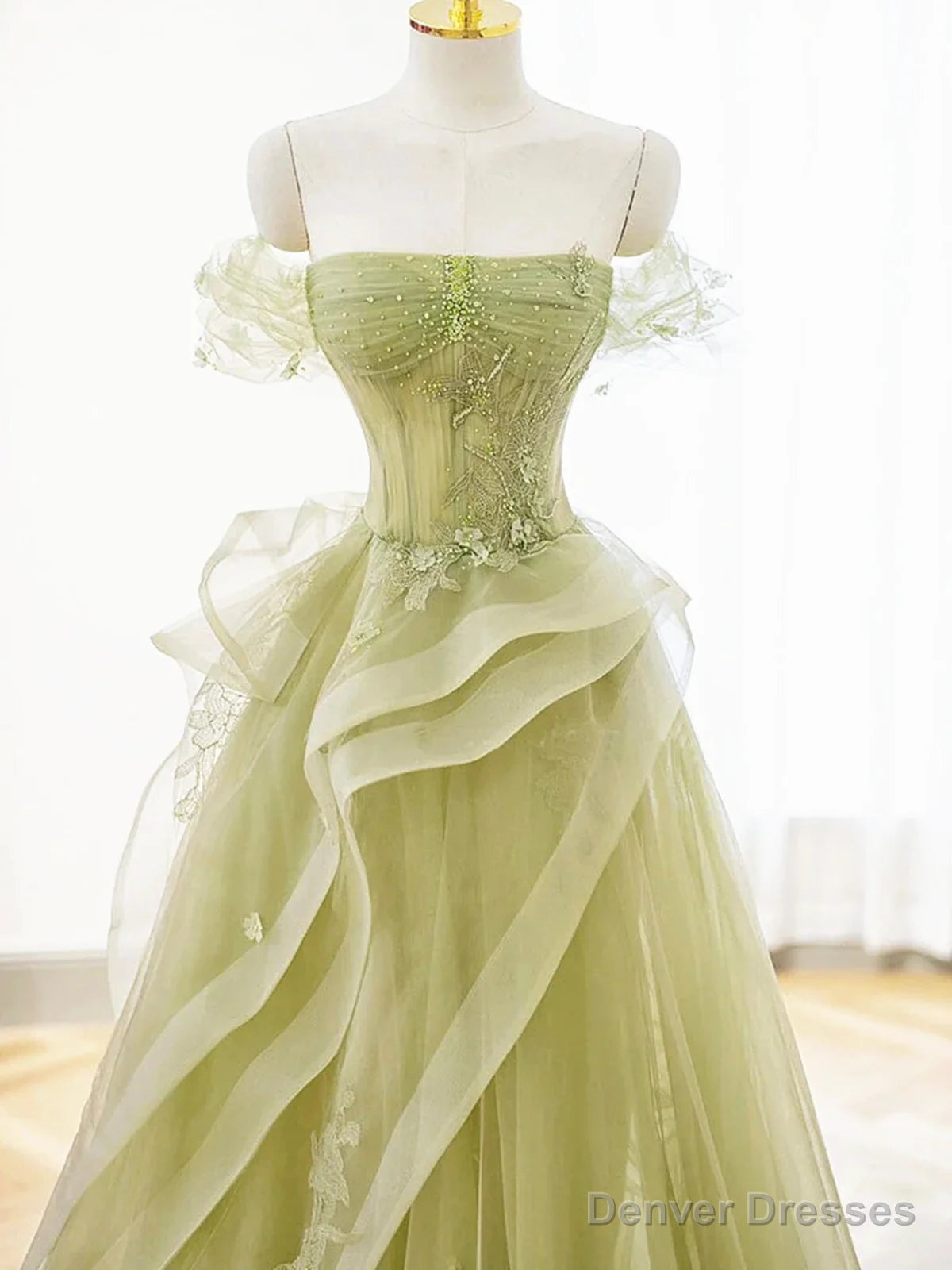 Off the Shoulder Green Tulle Long Beaded Prom Dresses, Off Shoulder Green Tulle Long Formal Evening Dresses