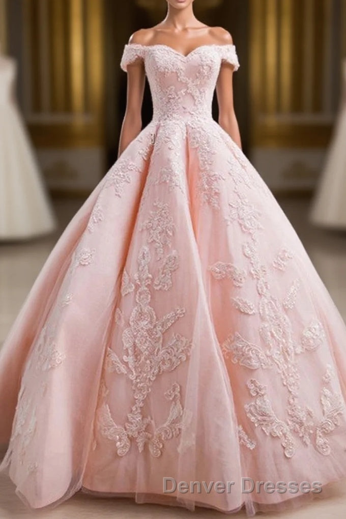 Gorgeous Pink Off The Shoulder Ball Gown Prom Dress With Appliques