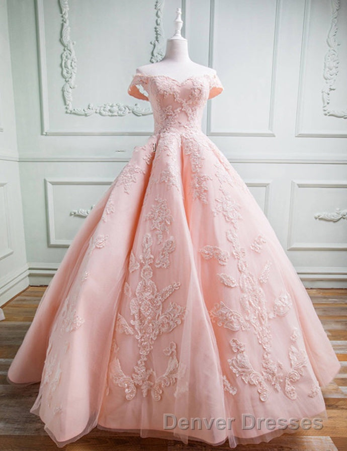 Gorgeous Pink Off The Shoulder Ball Gown Prom Dress With Appliques