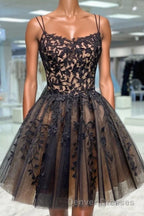 Black Spaghetti Straps Appliques Tulle Short Homecoming Dress