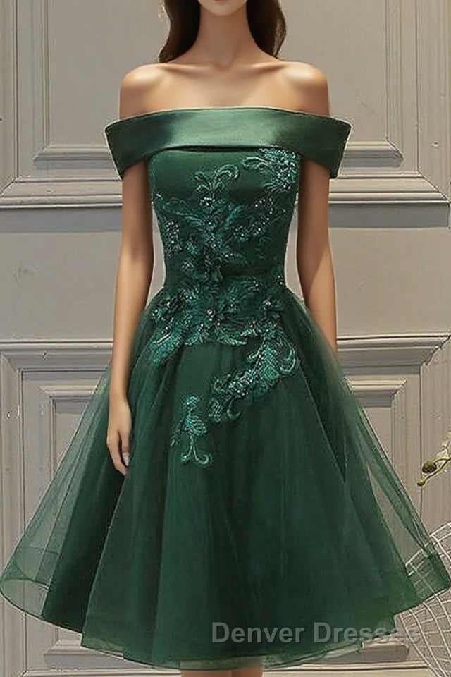 Dark Green Strapless A Line Appliques Tulle Homecoming Dress