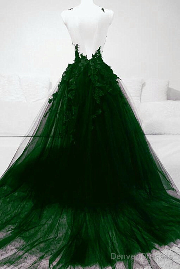 A line Green Tulle With Lace Deep Neckline Backless Prom Dress Secondary image