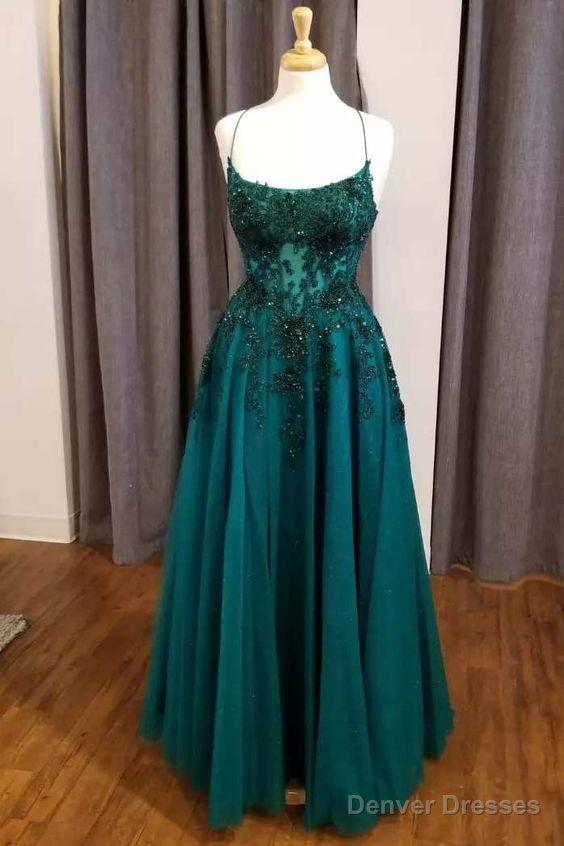 Simple Hunter Green Floral Lace Scoop Neck A-Line Prom Dress Main image