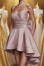 High Low Style Sweetheart Bow Back Satin homecoming Dress