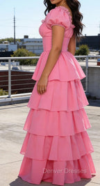 Pink A Line Square Neck Tiered Prom Dress With Ruffles