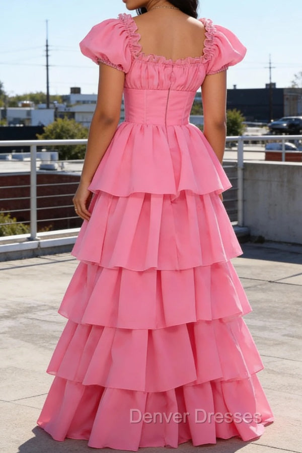 Pink A Line Square Neck Tiered Prom Dress With Ruffles Secondary image