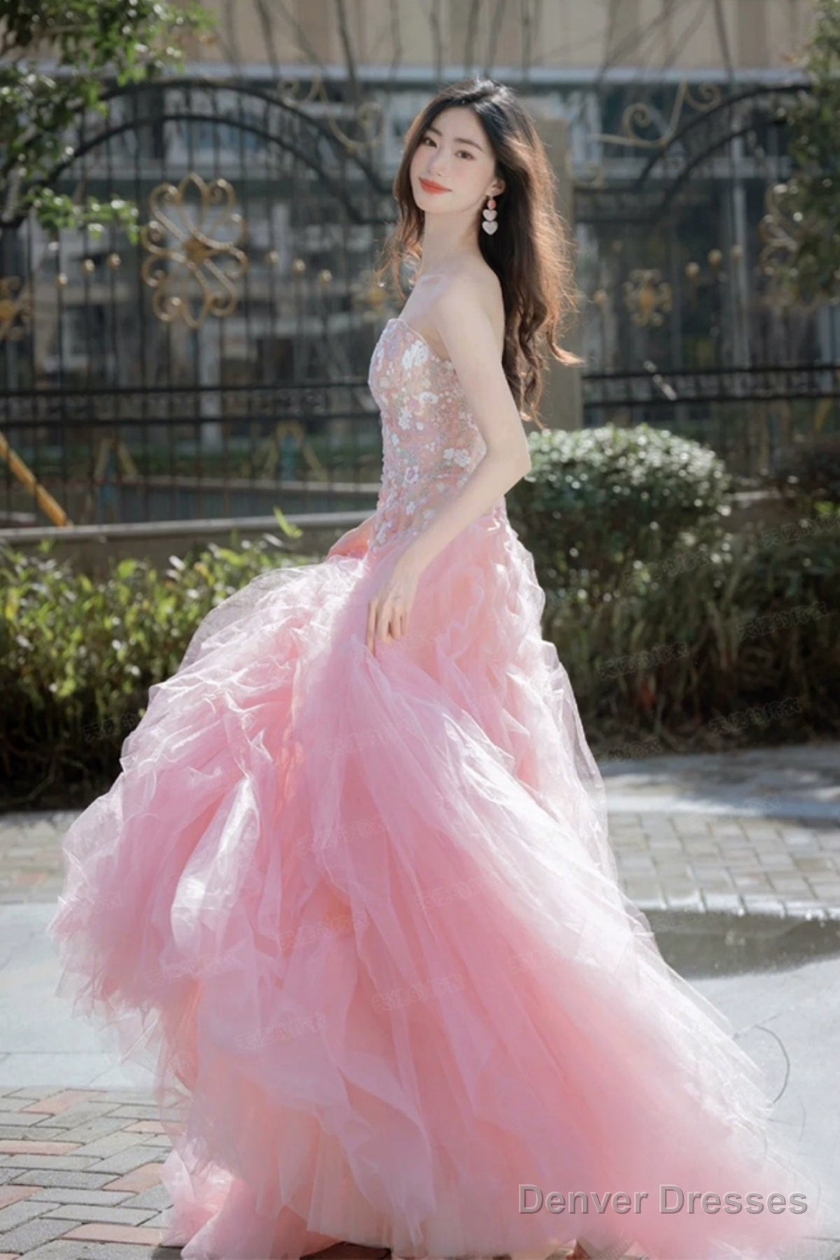 Pink Organza Strapless Pink Lace Floral Long Prom Dresses, Pink Lace Formal Evening Dresses, Pink Ball Gown Secondary image
