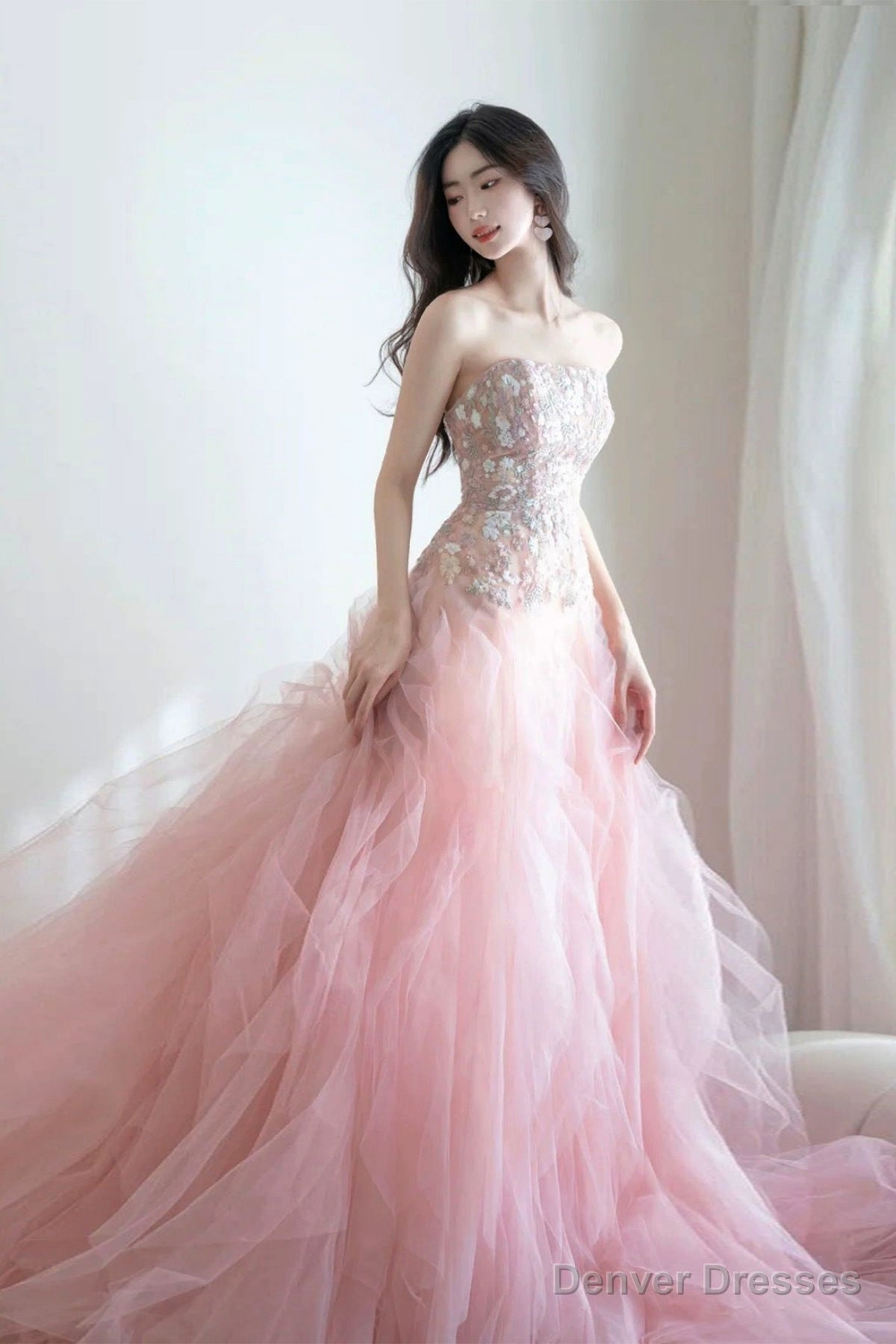 Pink Organza Strapless Pink Lace Floral Long Prom Dresses, Pink Lace Formal Evening Dresses, Pink Ball Gown Main image