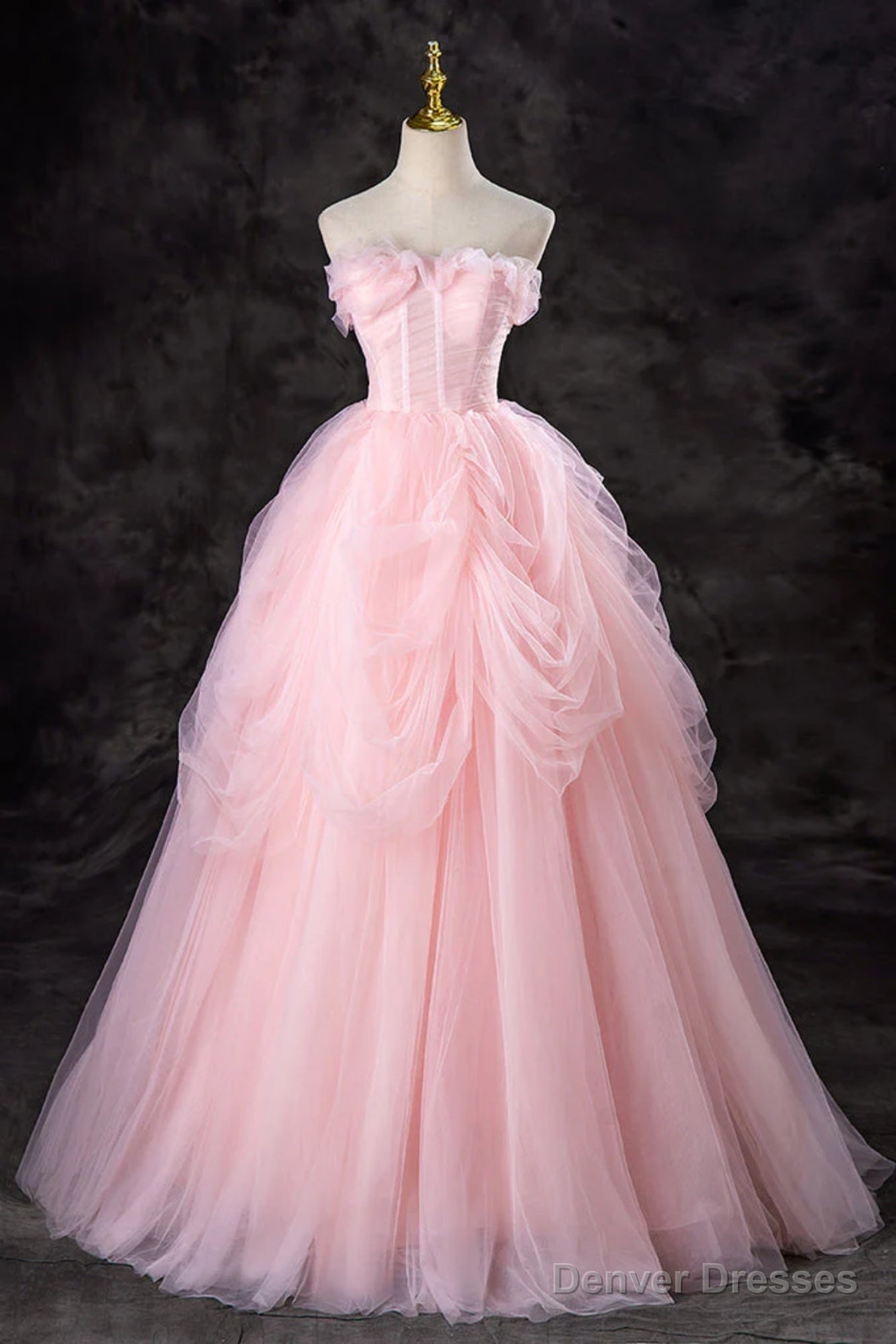 Pink Tulle Gorgeous Strapless Long Prom Dresses, Long Pink Formal Evening Dresses, Pink Ball Gown Secondary image