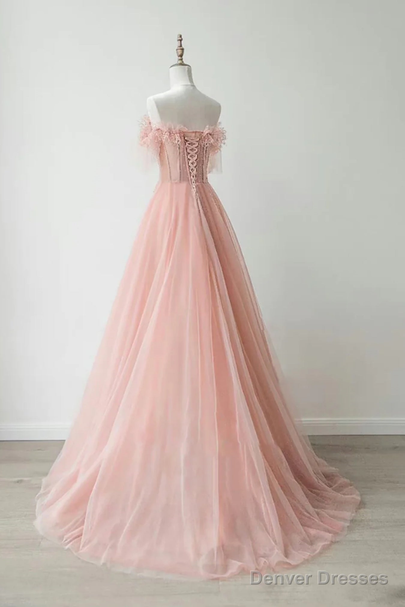 Pink Tulle Strapless Lace Long Prom Dresses, Pink Lace Formal Dresses, Long Pink Evening Dresses Secondary image