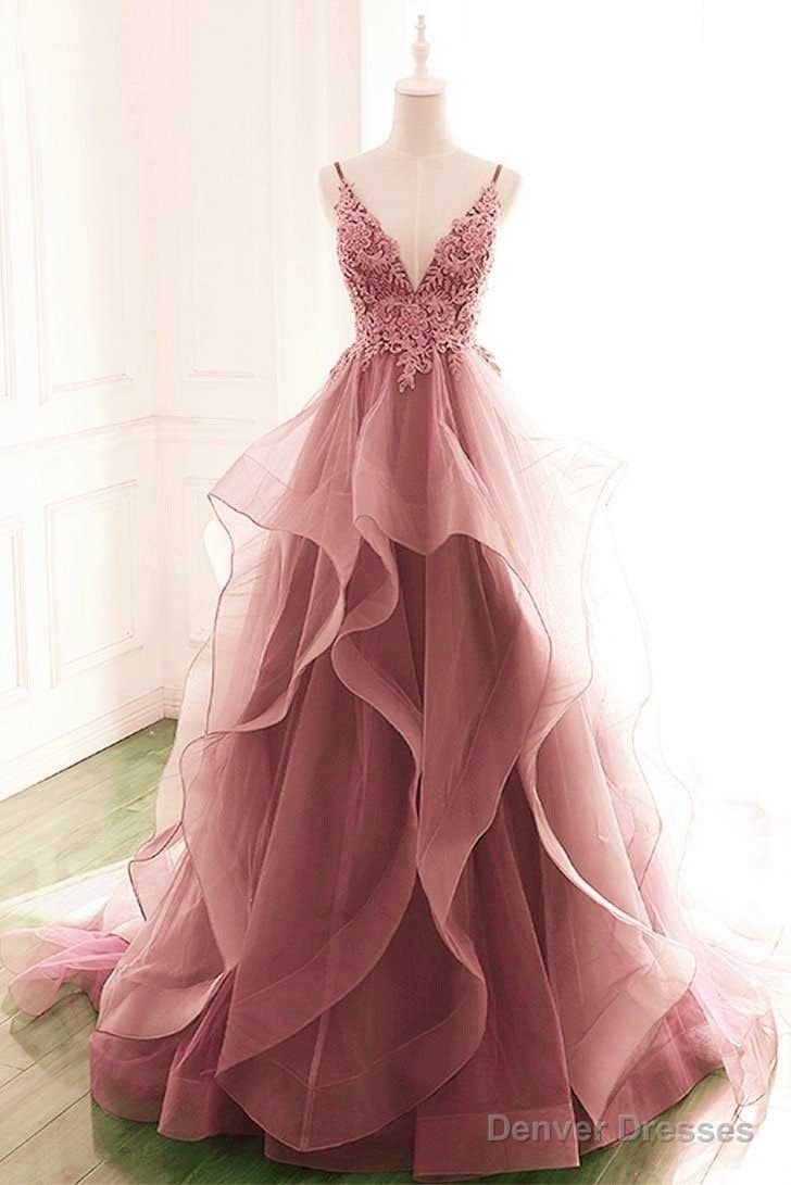Princess Dark Pink Tulle Long With Lace Ruffle A Line Prom Dresses Secondary image