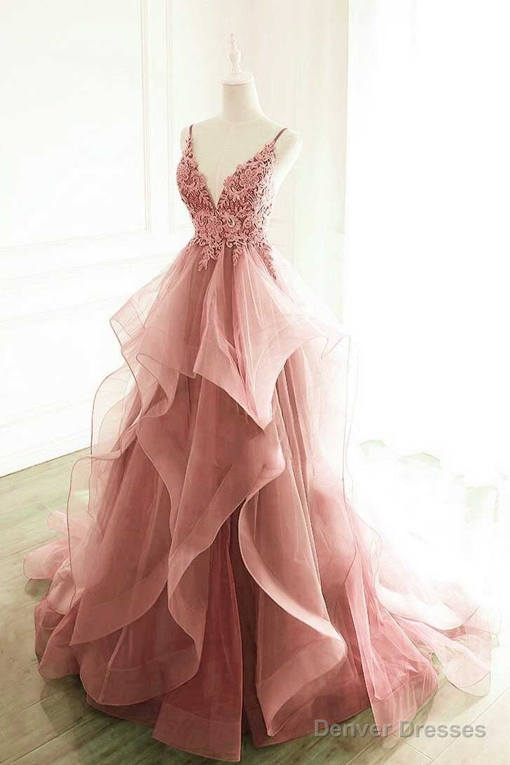 Princess Dark Pink Tulle Long With Lace Ruffle A Line Prom Dresses Main image