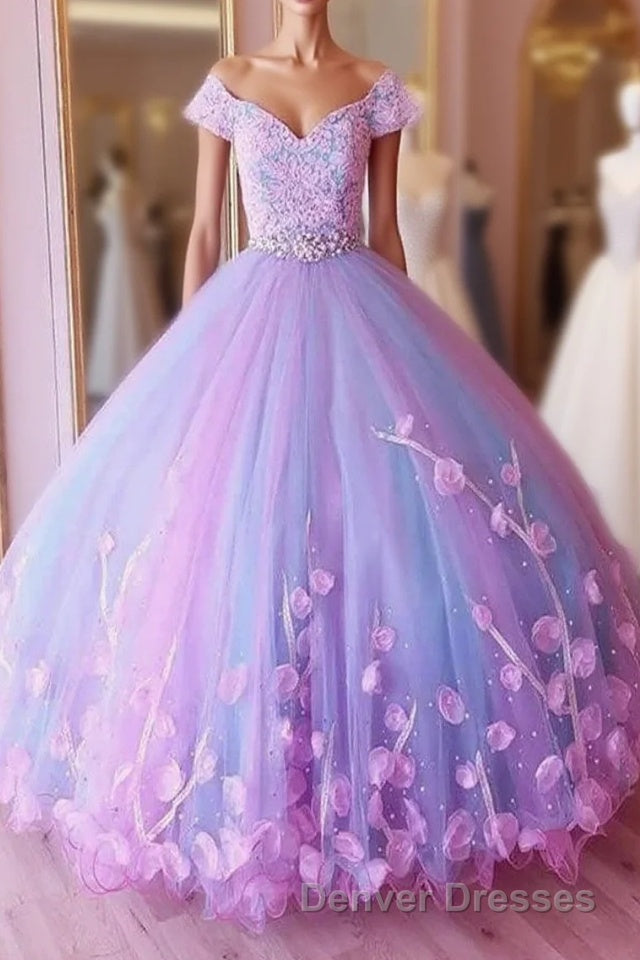 Princess Pink and Blue Ball Gown Prom Dress with Flowers, Quinceanera Dress