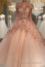 Princess Sparkly Sweetheart Prom Dress with 3d Flowers, Pink Quinceanera Dress