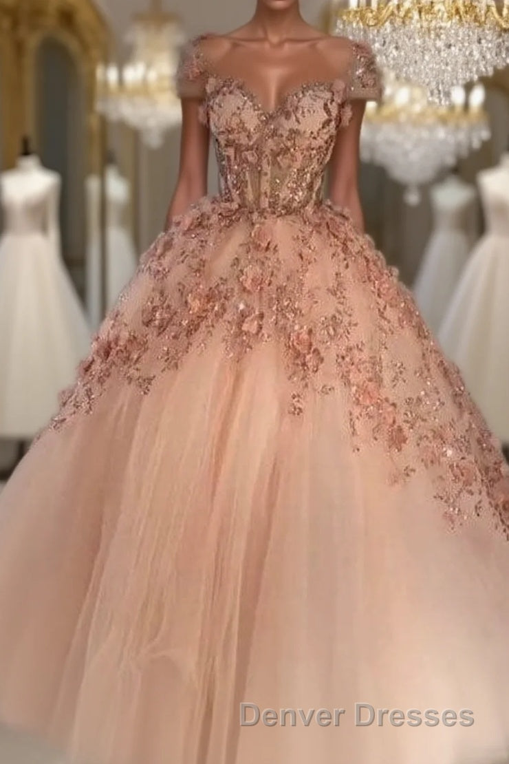 Princess Sparkly Sweetheart Prom Dress with 3d Flowers, Pink Quinceanera Dress